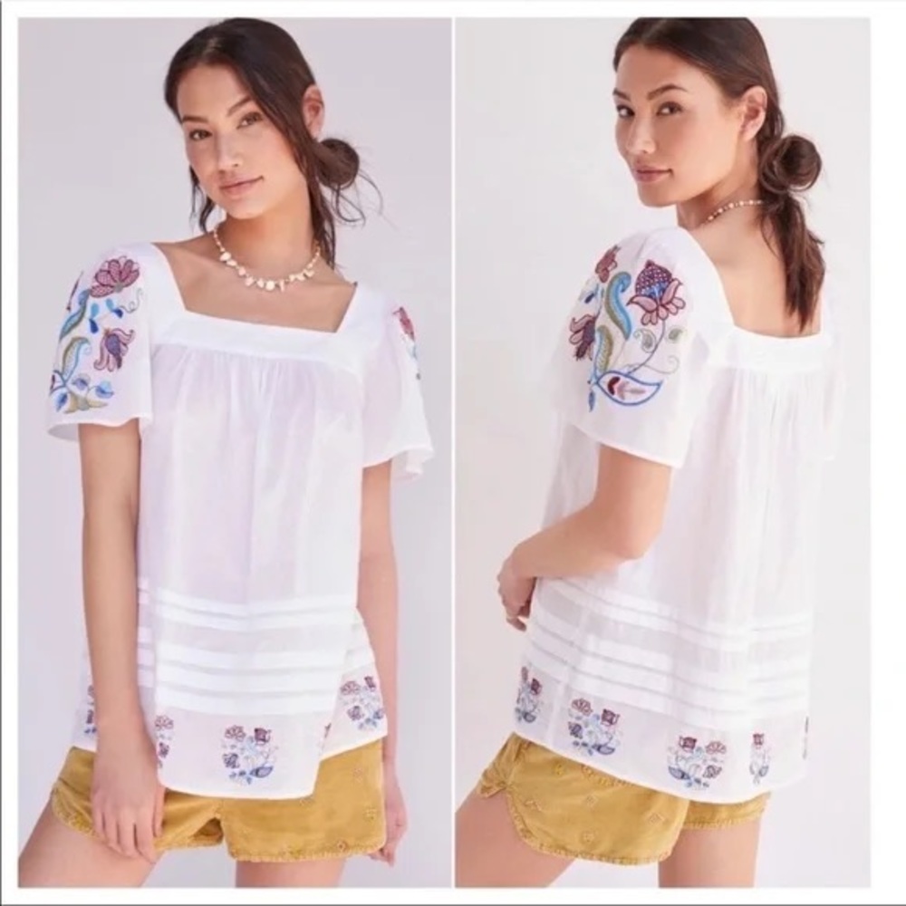 Anthropologie Square Neck Embroidered Blouse
